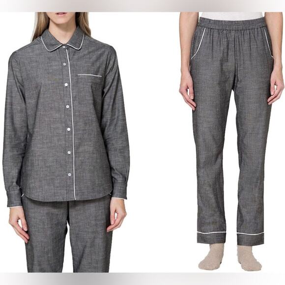 Maison Du Soir Charcoal Gray Black Cotton Lobg Sleeve Button Up Pajama Set Small - Picture 1 of 14